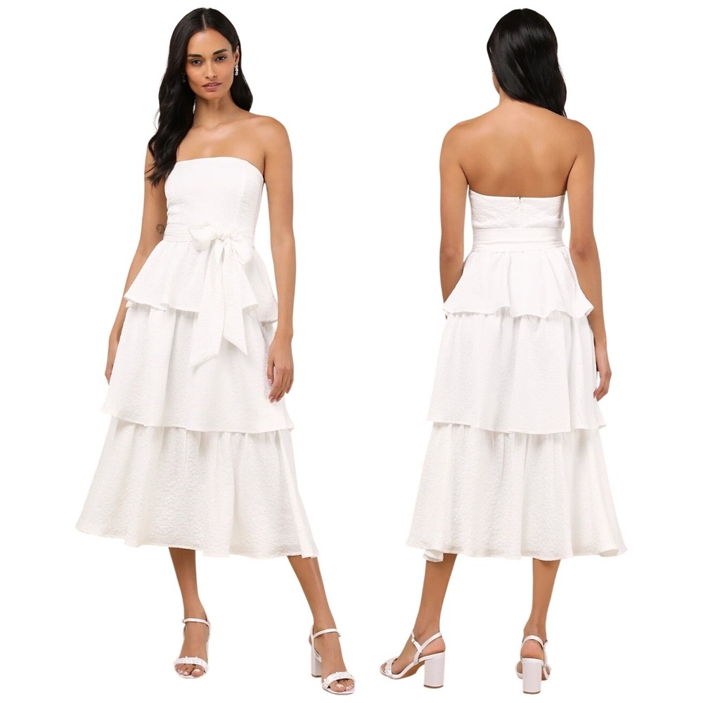 Lulus Truly Marvelous White Jacquard Strapless Tiered Midi Dress M